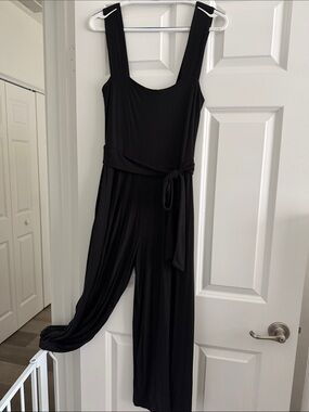 Final Touch Black Square Neck Wide-Leg Jumpsuit with Waist Tie.